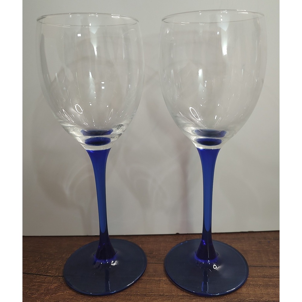 Vintage LUMINARC Wine Glass BLUE Stem Base  7.75" Replacement Lot Of 2 W1